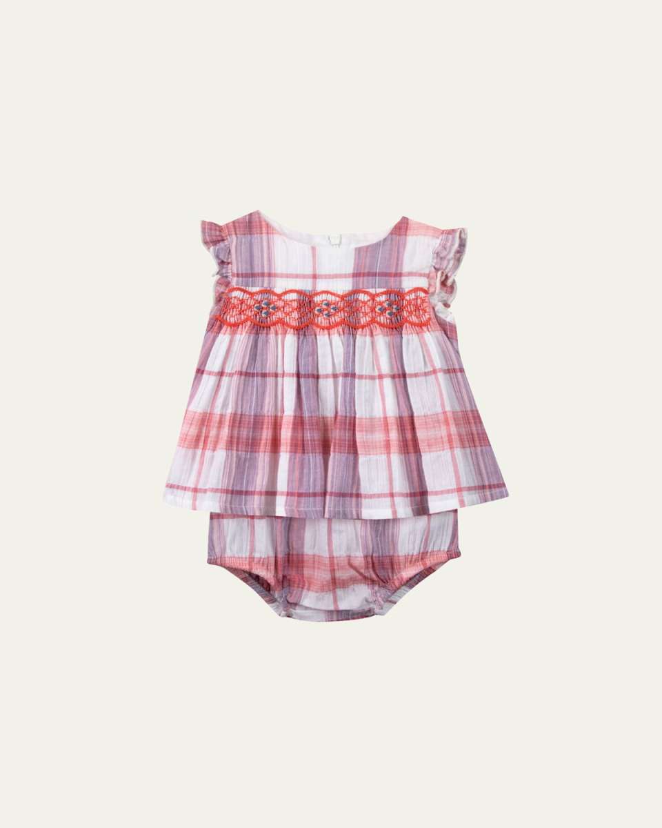 Girl's Plaid-Print Smocked Dress W/ Bloomers, Size 6M-